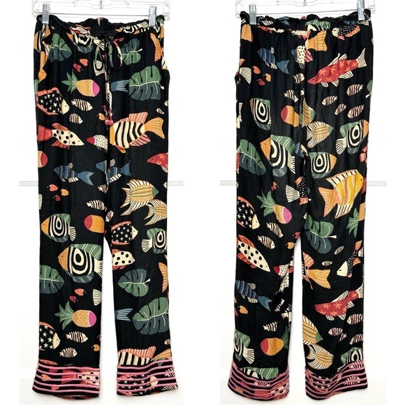 FARM RIO Tropical Fish Print Crepe Beaded Drawstring Embroidered Stripe Pants XS - Picture 3 of 10
